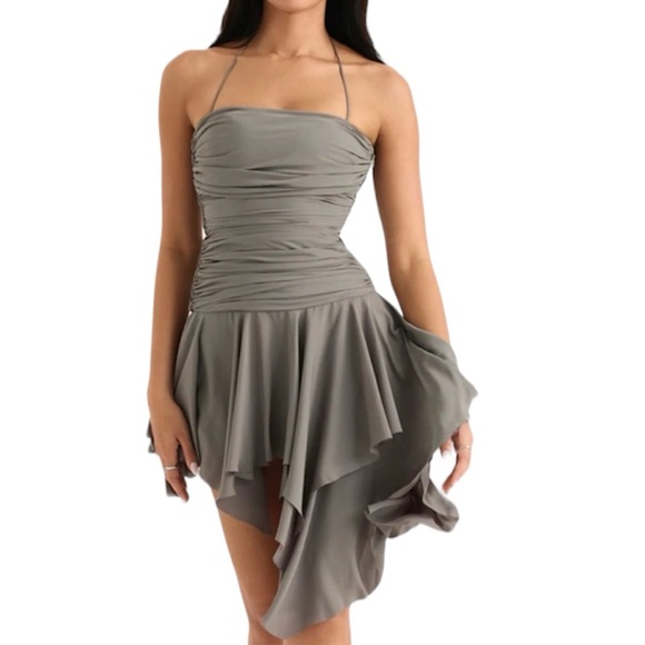 House of CB Valeria Ruched Asymmetrical Gray Mini Dress - Picture 1 of 8